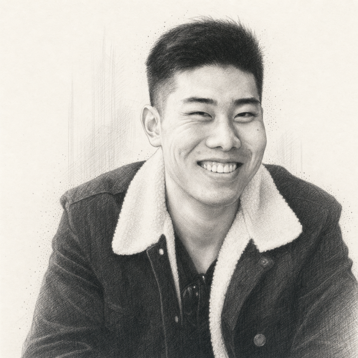 Pencil portrait of Leon Shi smiling